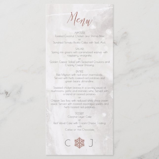Faux d'hiver Rose Gold Snowflakes Mariage Menu (Devant)