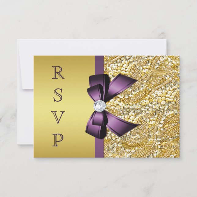 Faux Diamants à Paillettes Dorées Nœud Violet RSVP (Devant)