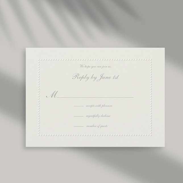 Faux Embossé Écru perlé Réponse officielle du Mari (formal wedding reply card rsvp response faux embossed beaded frame ecru linen classic traditional)