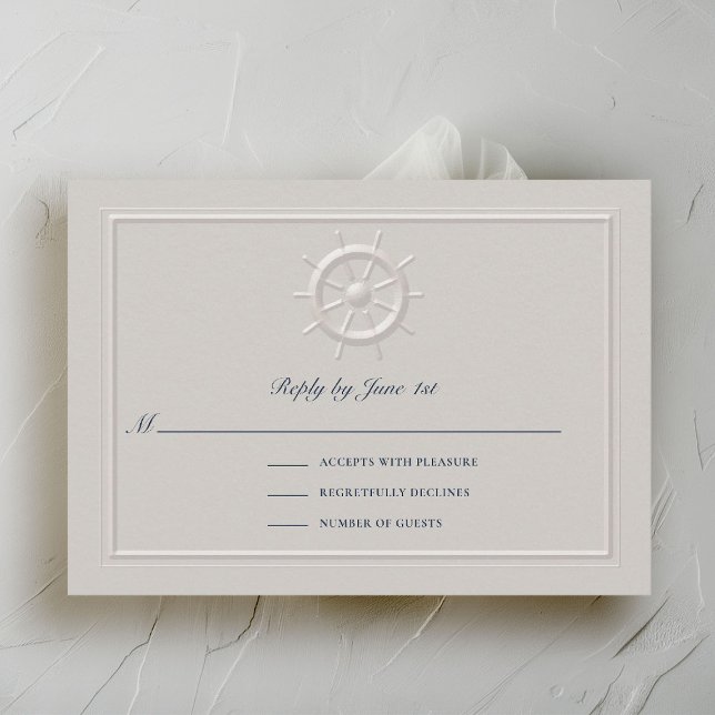 Faux Embossé Helm Mariage côtier Réponse (nautical wedding rsvp card faux embossed boat helm double frame modern classic navy ivory)