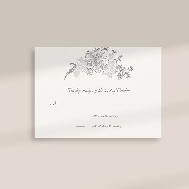 Faux Embossed Peony Formal Pearl Wedding Carte RSV (formal traditional elegant calligraphy wedding rsvp card faux embossed peony pearl classic)