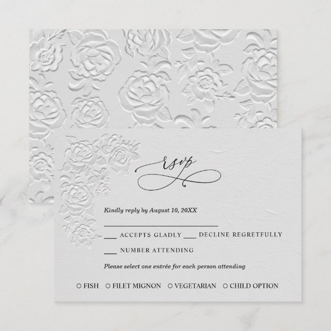 Faux Embossed White Roses Wedding RSVP Card (Devant / Derrière)