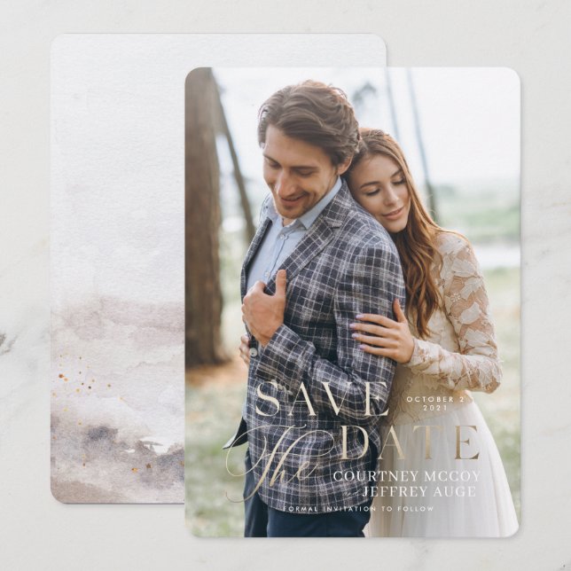 Faux faire-part de mariage automnal en feuille dor (Devant / Derrière)