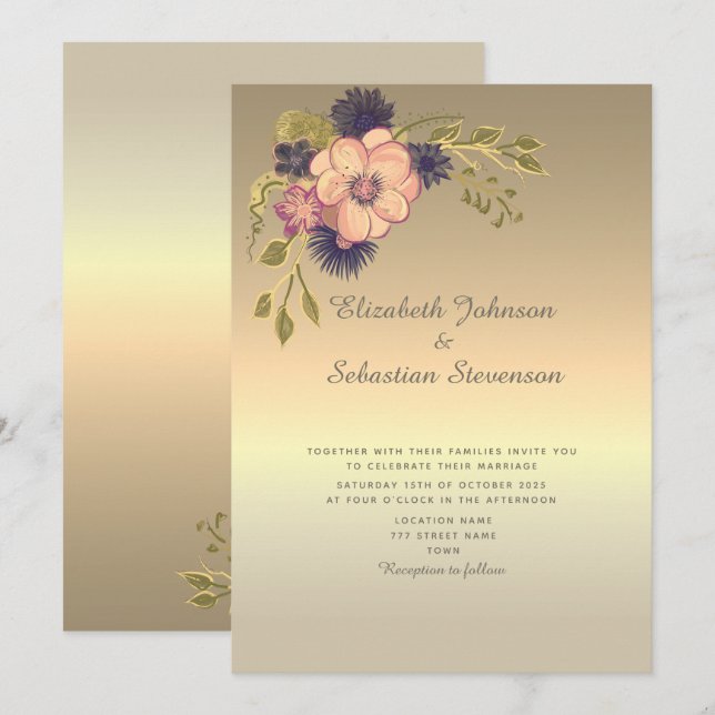 Faux faire-part de mariage en or (Devant / Derrière)