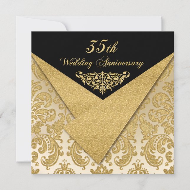 FAUX Flaps Damask Invitation 35e Anniversaire (Devant)