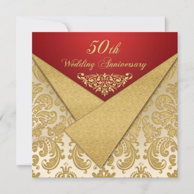 FAUX Flaps Gold Damask Invitation 50e anniversaire (Devant)