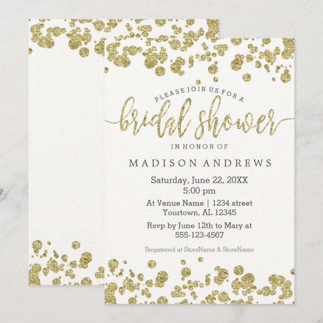Faux Gold Confetti Bling Bridal Shower Invitation (Devant / Derrière)