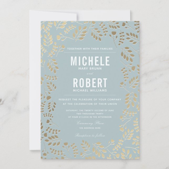 Faux Gold Dusty Bleu Faire-part de mariage botaniq (Devant)