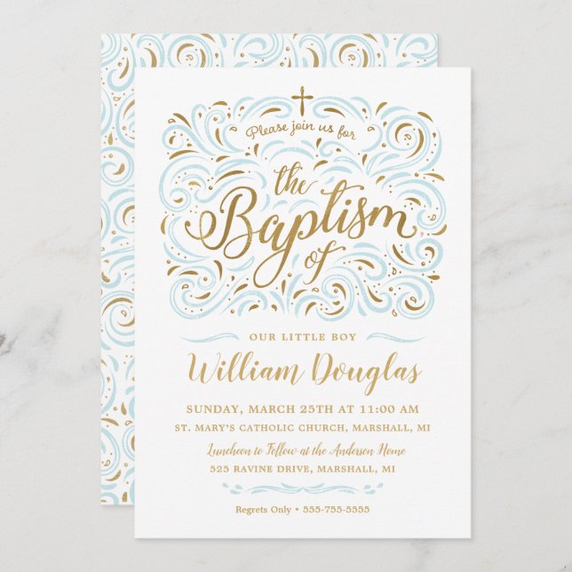 Faux Gold Foil Boy Baptism Invitation (Devant / Derrière)