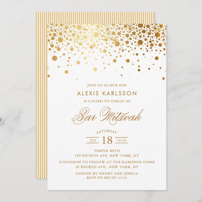 Faux Gold Foil Confetti Bar Mitzvah Invitation (Devant / Derrière)