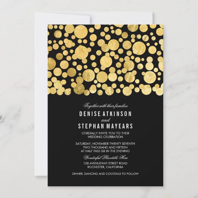 Faux Gold Foil Confetti Black Faire-part de mariag (Devant)