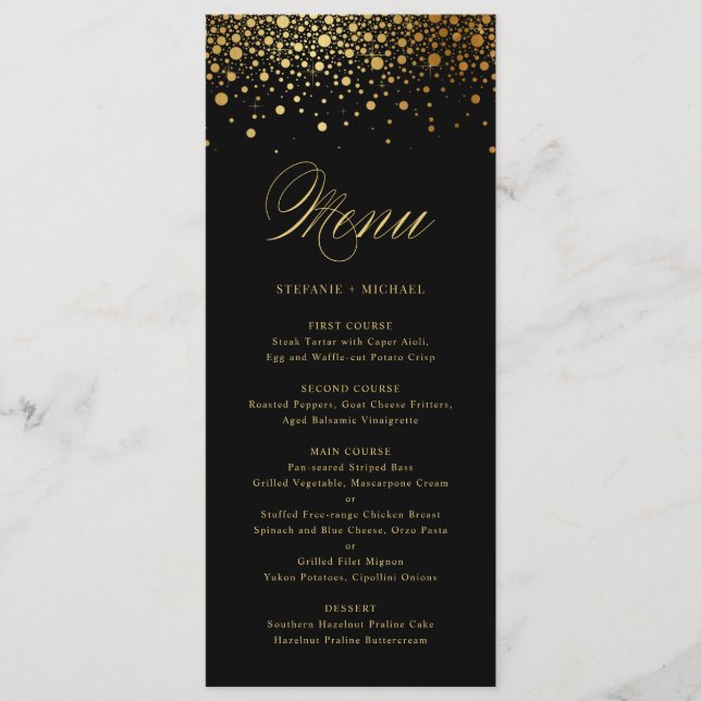 Faux Gold Foil Confetti Dots Mariage noir Menu (Devant)