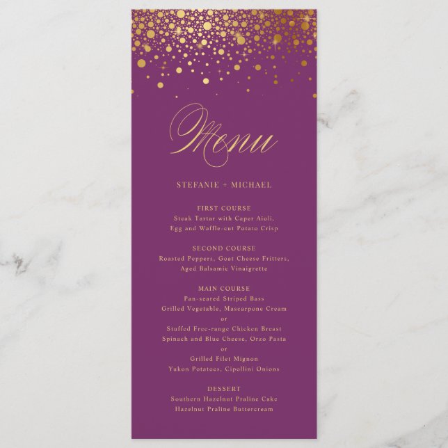 Faux Gold Foil Confetti Dots Purple Menu (Devant)