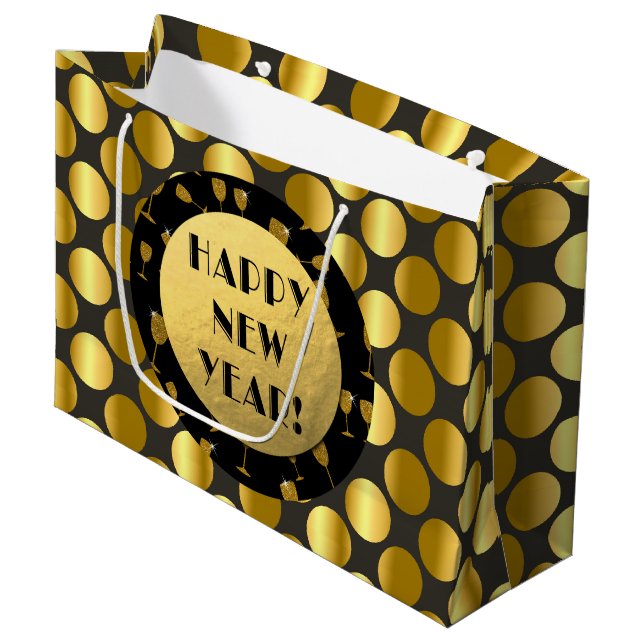 Faux Gold Foil Dots, Bonne Année ! Sac Cadeau (Devant Angle)