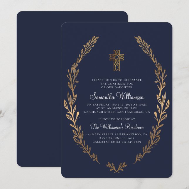 Faux Gold Foliage Blue Confirmation Invitation (Devant / Derrière)