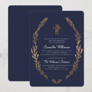 Faux Gold Foliage Blue Confirmation Invitation