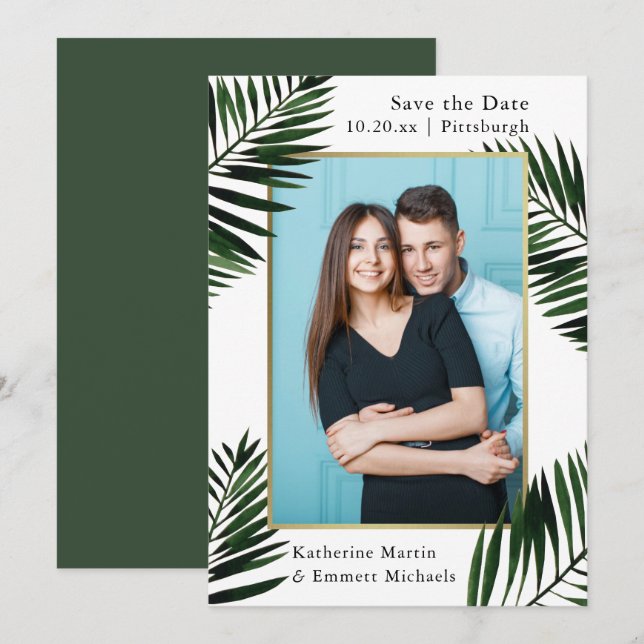 Faux Gold Frame Green Wedding Save the Date Photo (Devant / Derrière)