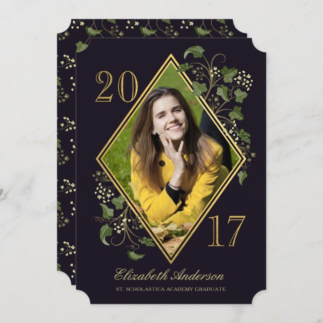 Faux Gold Ivy League Grad Photo Invitation II (Devant / Derrière)