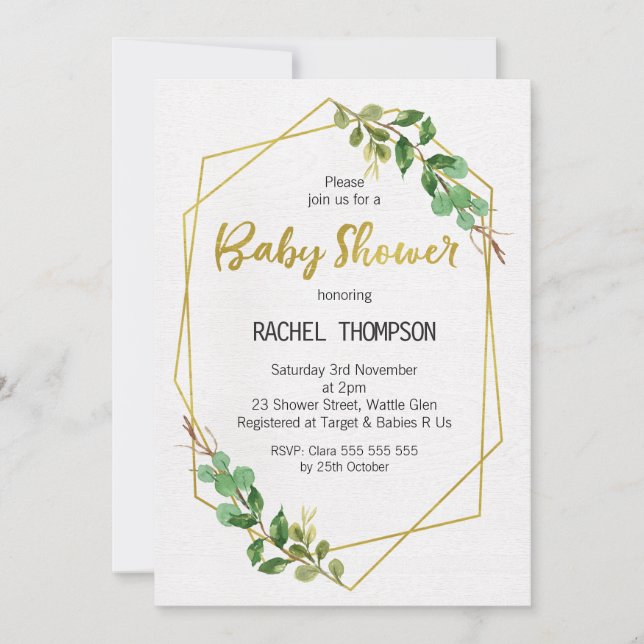 Faux Gold Line Art Green Baby shower Invitation (Devant)