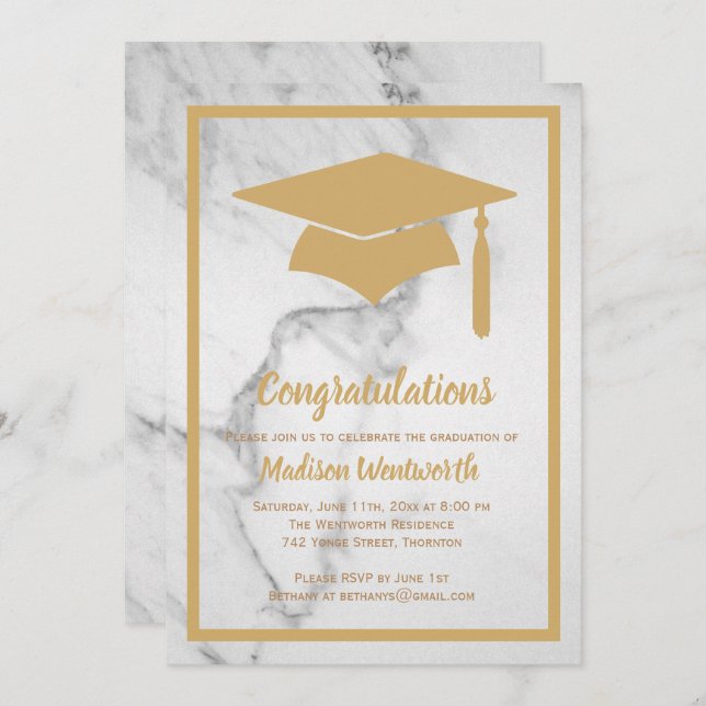 Faux Gold & Marble Graduation Invitation (Devant / Derrière)