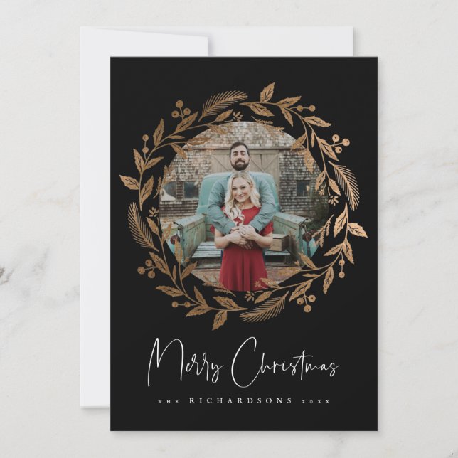 Faux Gold Noël Wreath Carte photo de vacances (Devant)