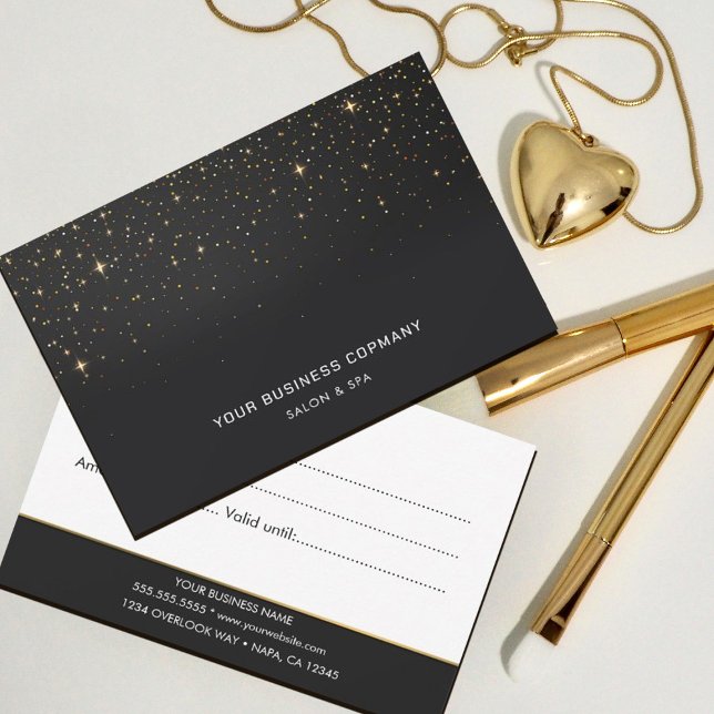 Faux Gold Sparkings sur certificat cadeau noir (#GoldGlitterLashBeauty #blackandgold #simple #modern #sparkles #sepiagoldsequin #luxury #faux)