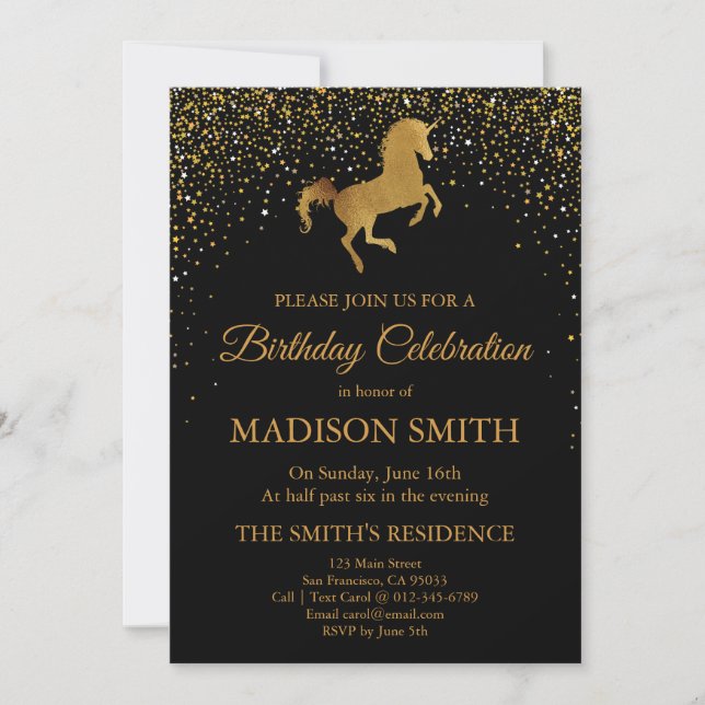 Faux Gold Unicorn Invitation Anniversaire (Devant)