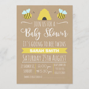 Faux Kraft Twins Busy Bee baby shower Invitation