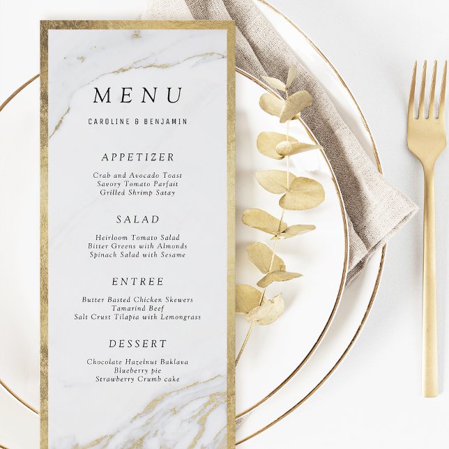 Faux or feuille marbre luxe moderne menu mariage (Faux gold foil marble luxury modern wedding menu)