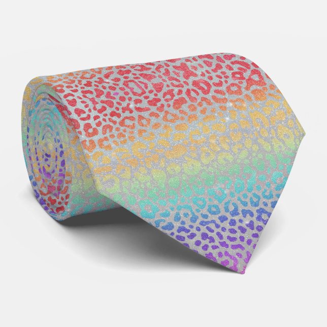 Faux Pailleté Imprimé Léopard Arc-en-Ciel Cravate (Roulé)