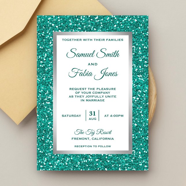 Faux papier d'argent sarcelle pailleté faire-part  (Créateur téléchargé)