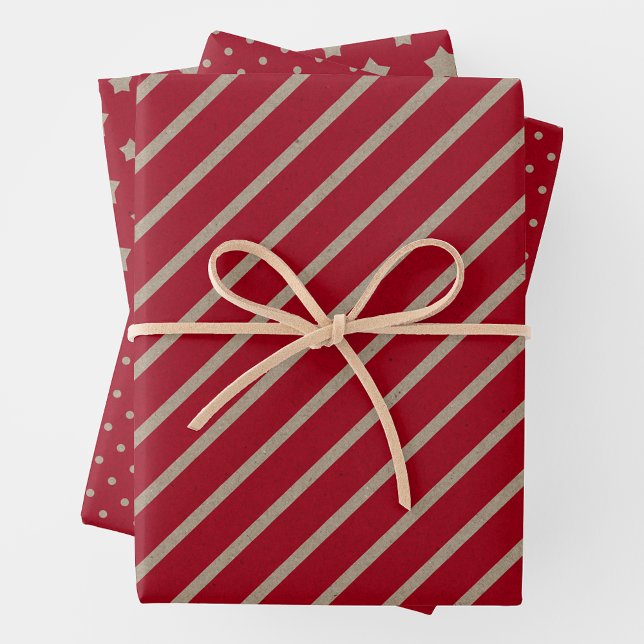Faux papier kraft avec étoiles, rayures et pois (Faux Red Kraft Paper w/ Brown Stars, Stripes & Polka Dots)