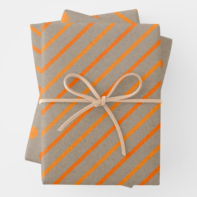 Faux papier kraft avec rayures orange et pois (Faux Kraft Paper w/ Two-Tone Orange Stripes & Polka Dots)