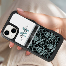 Faux Parties scintillant Aqua Damask Monogramme