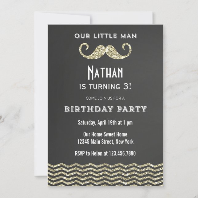 Faux Parties scintillant Mustache Invitation Anniv (Devant)