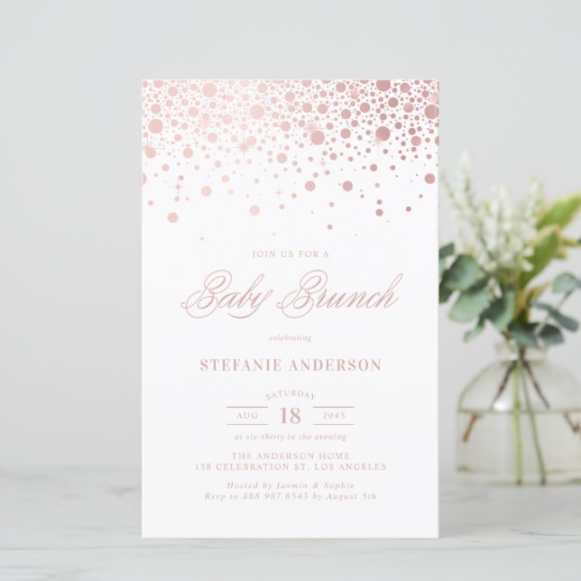 Faux Pink Foil Confetti Baby Brunch Invitation (Debout devant)