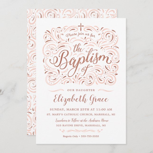 Faux Rose Gold Baptism Invitation (Devant / Derrière)