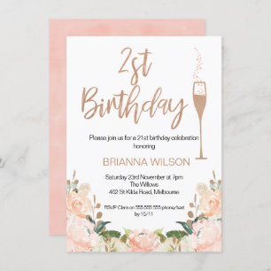 Faux Rose Gold Floral Invitation du 21e anniversai