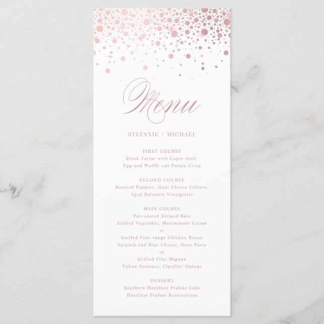 Faux Rose Gold Foil Confetti Elégant Menu Mariage (Devant)