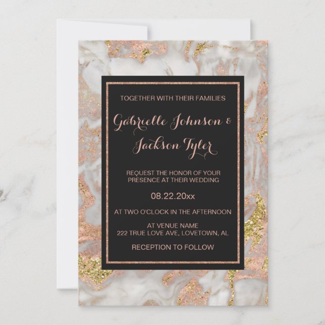 Faux Rose Gold Marbre Invitations de mariage (Devant)