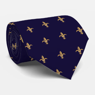 Faux Silk Blue Gold Fleur de Lis Cravate de luxe