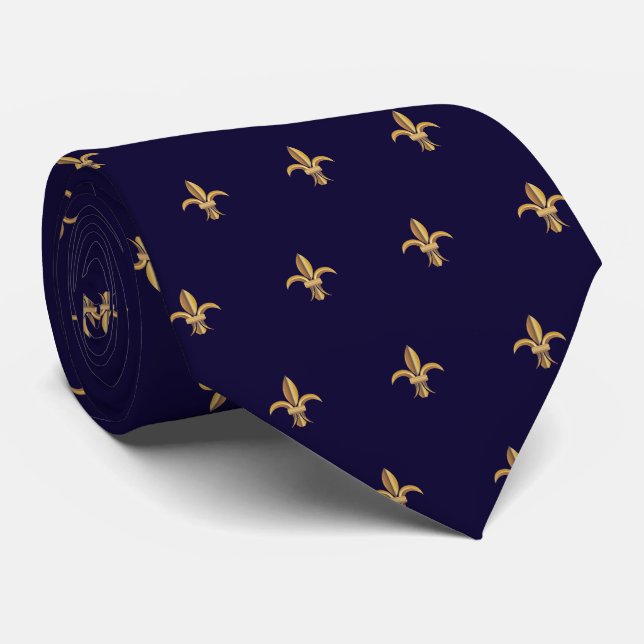 Faux Silk Blue Gold Fleur de Lis Cravate de luxe (Roulé)