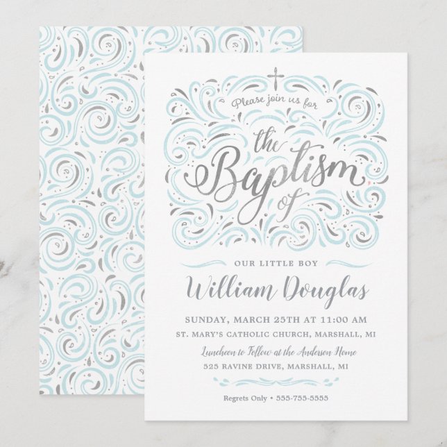 Faux Silver Boy Baptism Invitation (Devant / Derrière)