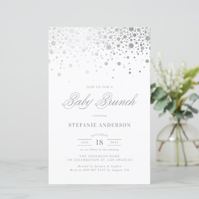 Faux Silver Foil Confetti Baby Brunch Invitation (Debout devant)