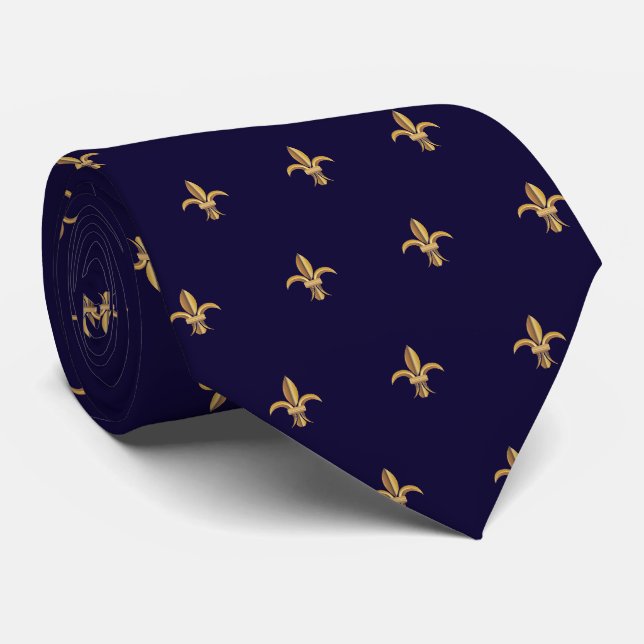 Faux Soie Bleu Or Fleur de Lis Luxe Cravate (Roulé)
