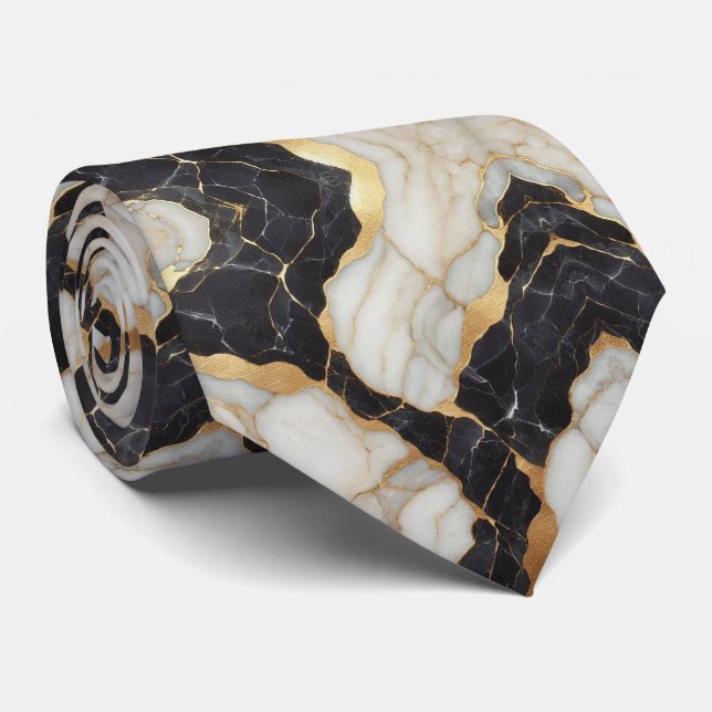 Faux soie cravate | Marbre noir, blanc + or (Roulé)