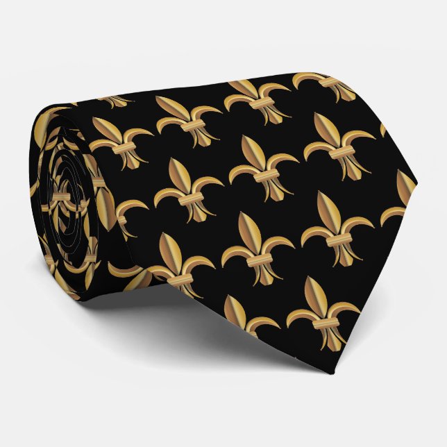 Faux soie cravate noire et or fleur de lis de luxe (Roulé)