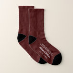 Favor de Funny Burgundy<br><div class="desc">Get your wedding guests out on the dance floor in these fun "these feet danced to love at the wedding of" socks Personnalize these souvenir keepsakes with your first names and wedding date in white typographiy against a burgundy background.</div>