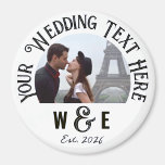 Favoris de mariage avec aimants Vintage texte pers<br><div class="desc">Personnalisé imprimé, personnalisé police VINTAGE TRADITIONNELLE modèle RONDE Photo Frigo Les faveurs de mariage de l'aimant. Modèle personnalisé sur l'avant de l'aimant de réfrigérateur photo, disponible en 3 tailles : 1, 25", 2, 25" et 3" de diamètre. HAUT TEXTE - instruction mariage principale. Remplacez IMAGE par votre couple mariage, fiançailles,...</div>
