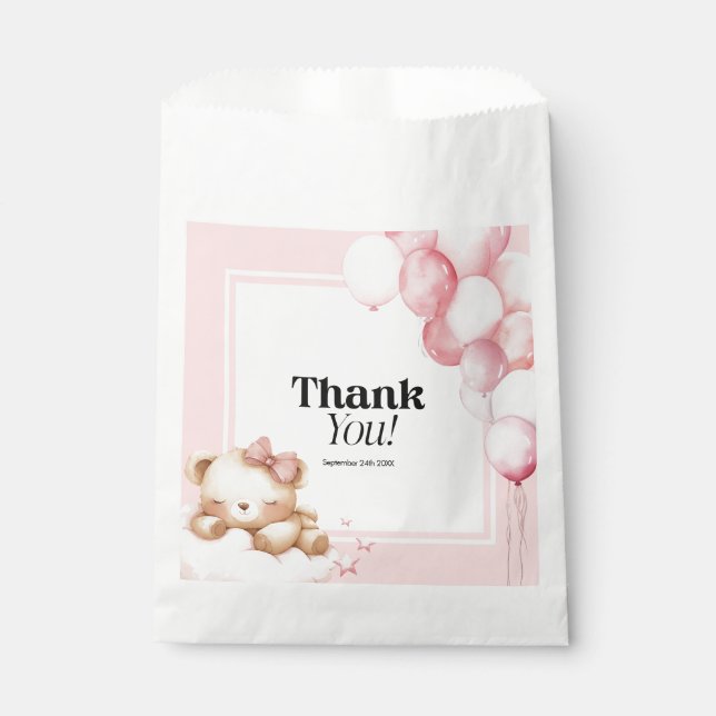 Favoriser Sacs Baby shower Ours rose et Ballons (Devant)